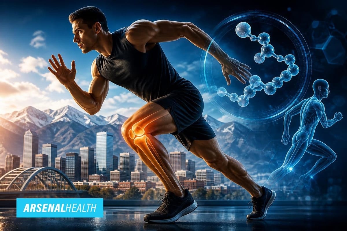 Denver athlete reviewing BPC-157 peptide recovery options with a clinician at Arsenal Health