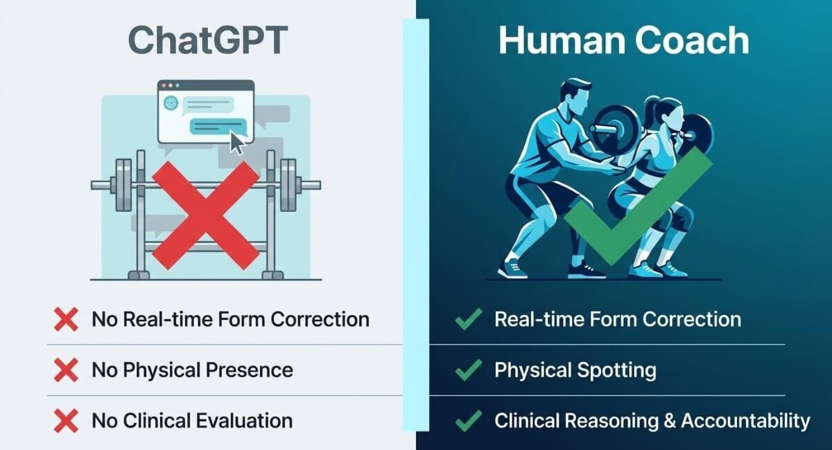Coach monitoring a lifter in person to show what AI cannot do in real time