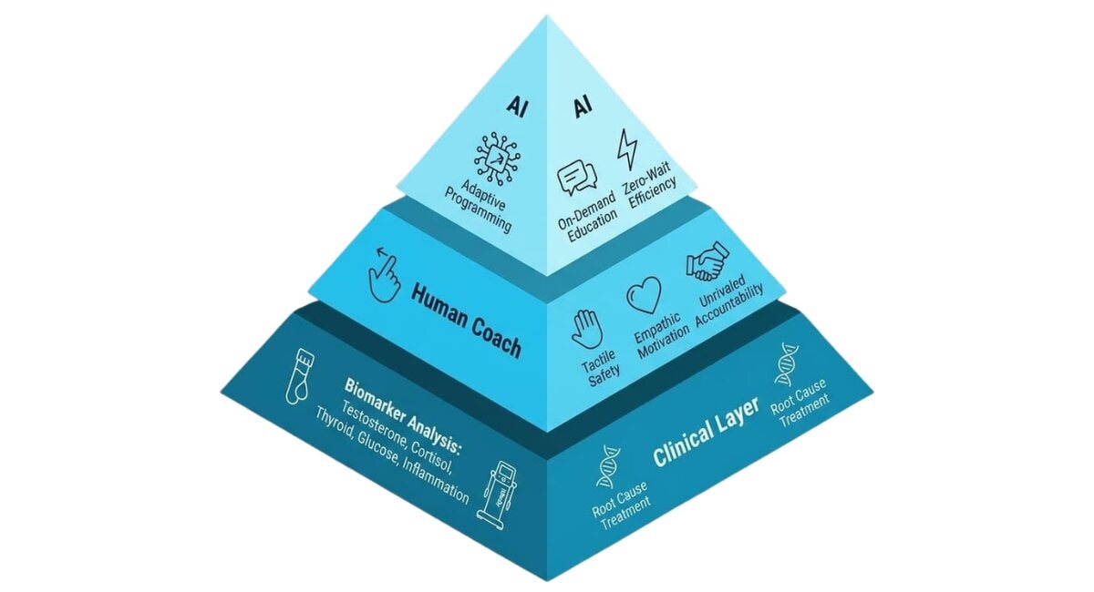 Hybrid coaching model that combines AI planning, human coaching, and clinical diagnostics
